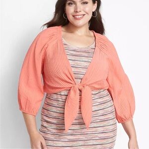 Coral Tie-Front Cardigan 26/28 Lane Bryant Pink Orange  Textured Comfy Top